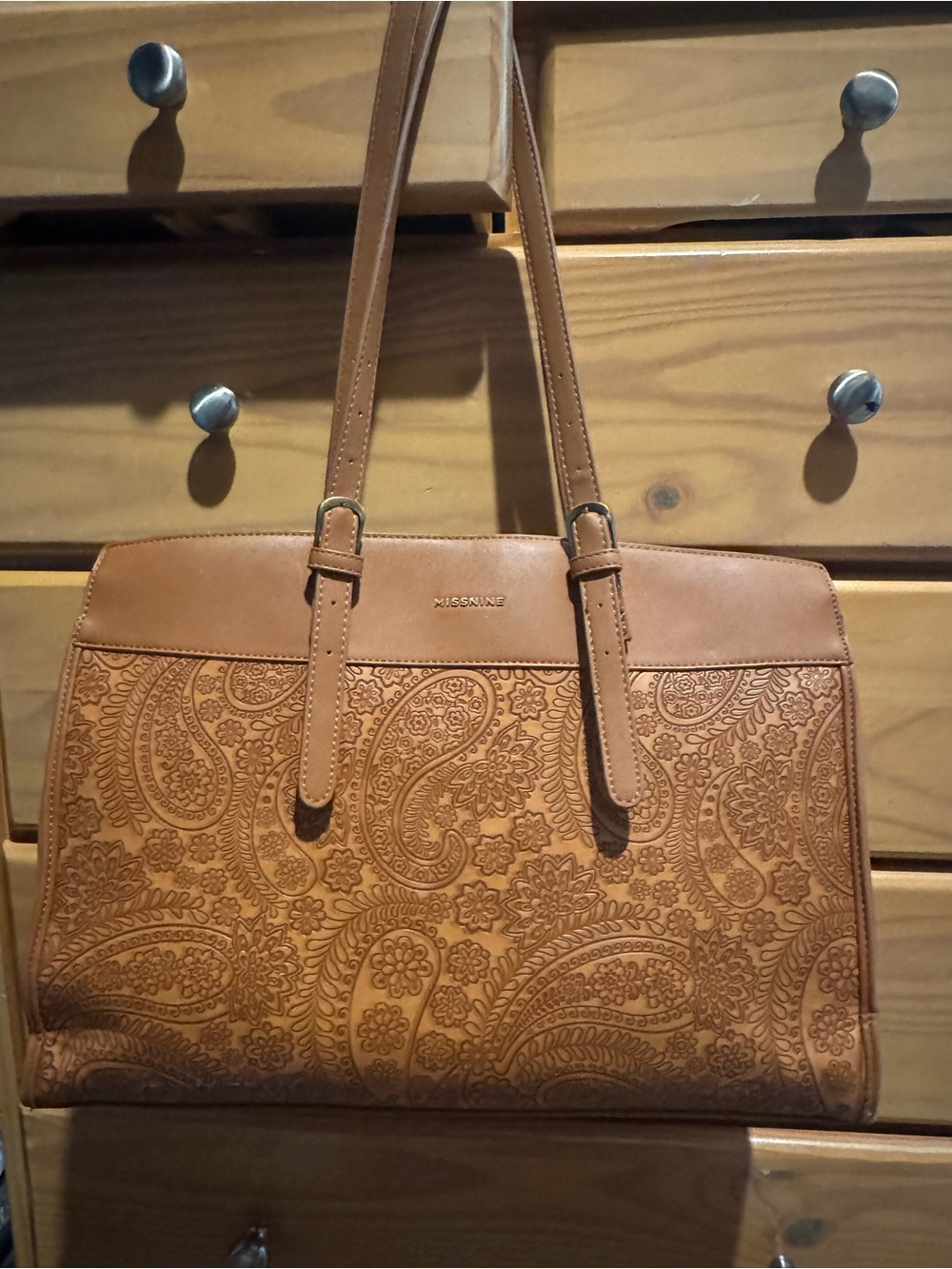 Missnine Tan Embossed Leather Tote Bag